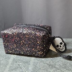 Sparkling Black Cosmetic Bag with Skull Charm
